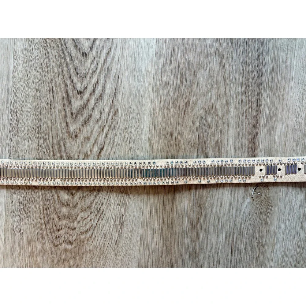 Kamberley Western Ivory Leather Studded Rhinestone Belt Silver Floral Buckle